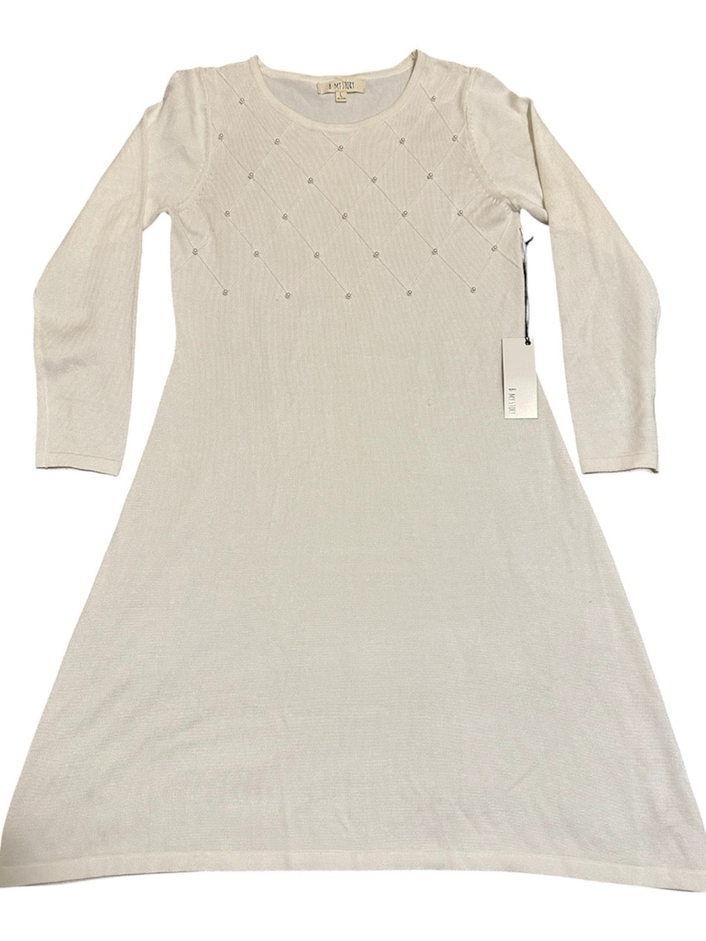 B My Story cream sweater dress with  elegant pearl embellishments